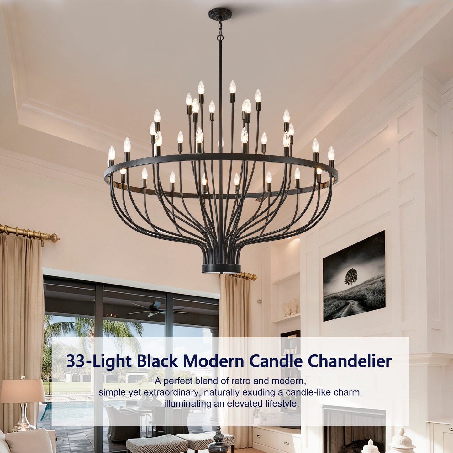 YANSUN Industrial Black Chandelier Rustic Vintage 33-Light Candle Style E12 Pendant for Dining Room Kitchen Island Living Room