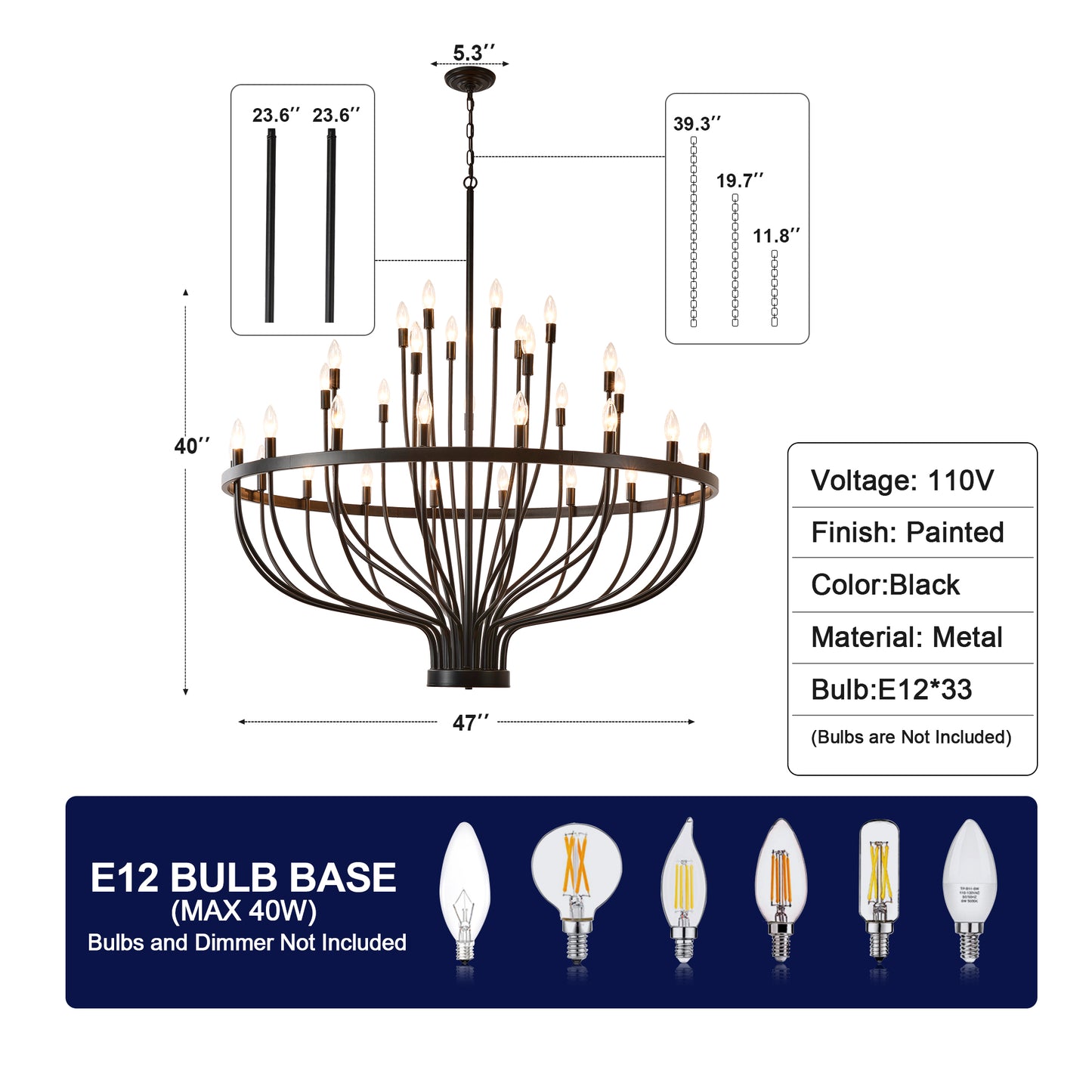 YANSUN Industrial Black Chandelier Rustic Vintage 33-Light Candle Style E12 Pendant for Dining Room Kitchen Island Living Room