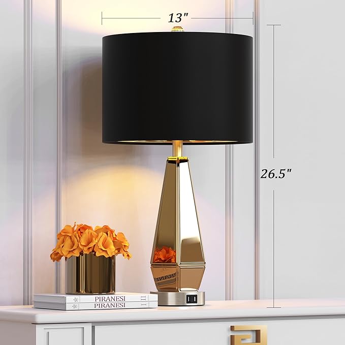 YANSUN 2-Pack Mirrored Glass Table Lamps Amber Modern Bedside Lamps Gold Black Fabric Shade for Bedroom Living Room End Tables