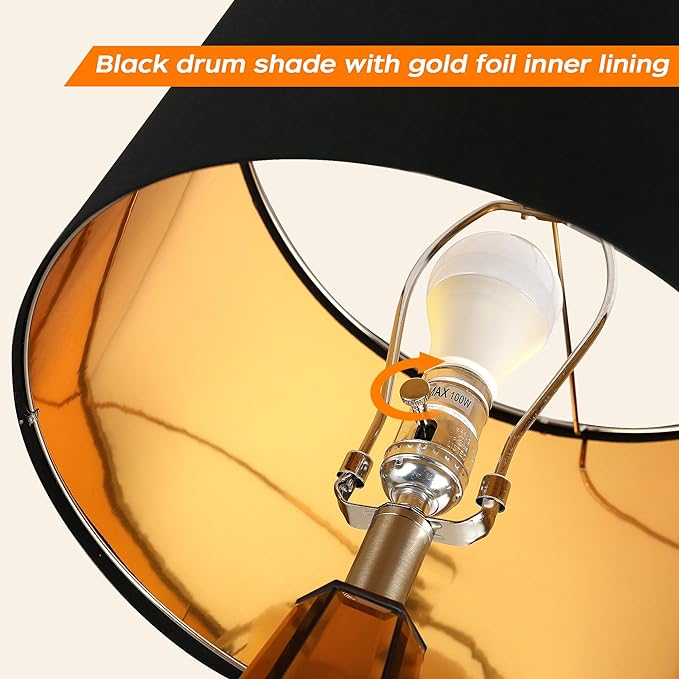 YANSUN 2-Pack Mirrored Glass Table Lamps Amber Modern Bedside Lamps Gold Black Fabric Shade for Bedroom Living Room End Tables