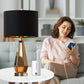 YANSUN 2-Pack Mirrored Glass Table Lamps Amber Modern Bedside Lamps Gold Black Fabric Shade for Bedroom Living Room End Tables