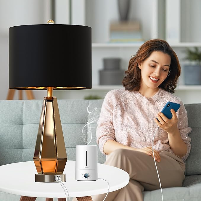YANSUN 2-Pack Mirrored Glass Table Lamps Amber Modern Bedside Lamps Gold Black Fabric Shade for Bedroom Living Room End Tables