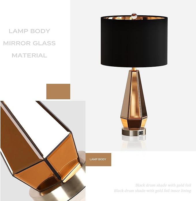 YANSUN 2-Pack Mirrored Glass Table Lamps Amber Modern Bedside Lamps Gold Black Fabric Shade for Bedroom Living Room End Tables