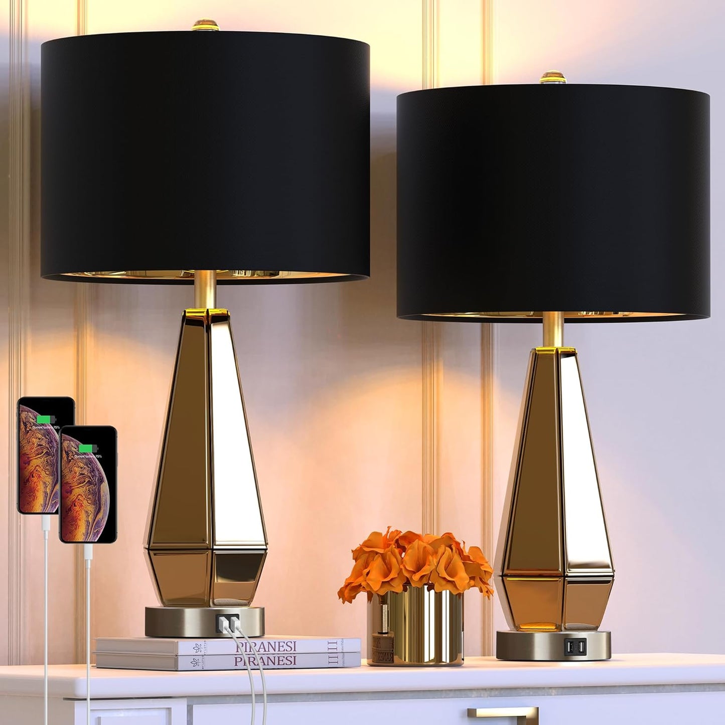 YANSUN 2-Pack Mirrored Glass Table Lamps Amber Modern Bedside Lamps Gold Black Fabric Shade for Bedroom Living Room End Tables