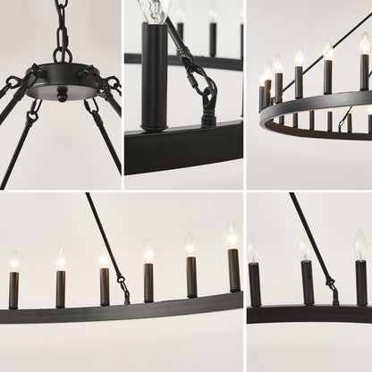 YANSUN 59" Farmhouse Wagon Wheel Chandelier, 36-Light Matte Black Ceiling Light, Adjustable Height, E12 Bulbs, Dining Room Fixture