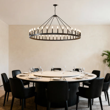 YANSUN 59" Farmhouse Wagon Wheel Chandelier, 36-Light Matte Black Ceiling Light, Adjustable Height, E12 Bulbs, Dining Room Fixture