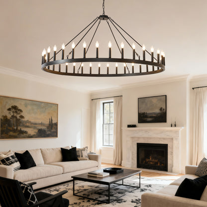 YANSUN 59" Farmhouse Wagon Wheel Chandelier, 36-Light Matte Black Ceiling Light, Adjustable Height, E12 Bulbs, Dining Room Fixture