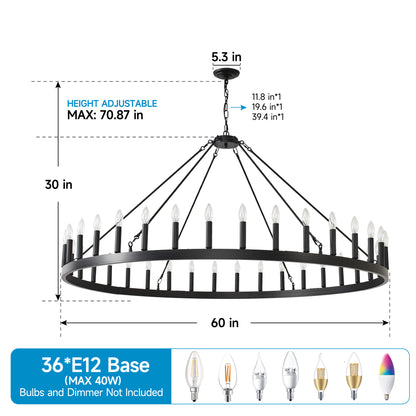 YANSUN 59" Farmhouse Wagon Wheel Chandelier, 36-Light Matte Black Ceiling Light, Adjustable Height, E12 Bulbs, Dining Room Fixture