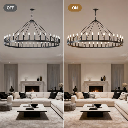 YANSUN 59" Farmhouse Wagon Wheel Chandelier, 36-Light Matte Black Ceiling Light, Adjustable Height, E12 Bulbs, Dining Room Fixture