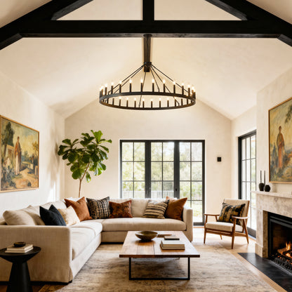YANSUN 53" Farmhouse Wagon Wheel Chandelier, 30-Light Matte Black Ceiling Light, Adjustable Height 69", E12 Bulbs, Dining Room Fixture