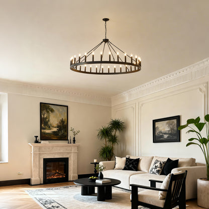 YANSUN 53" Farmhouse Wagon Wheel Chandelier, 30-Light Matte Black Ceiling Light, Adjustable Height 69", E12 Bulbs, Dining Room Fixture