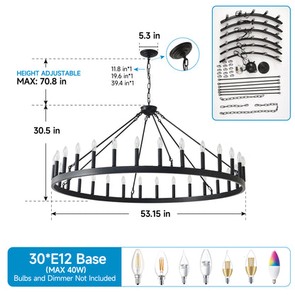 YANSUN 53" Farmhouse Wagon Wheel Chandelier, 30-Light Matte Black Ceiling Light, Adjustable Height 69", E12 Bulbs, Dining Room Fixture