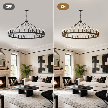 YANSUN 53" Farmhouse Wagon Wheel Chandelier, 30-Light Matte Black Ceiling Light, Adjustable Height 69", E12 Bulbs, Dining Room Fixture