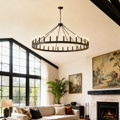 YANSUN 53" Farmhouse Wagon Wheel Chandelier, 30-Light Matte Black Ceiling Light, Adjustable Height 69", E12 Bulbs, Dining Room Fixture