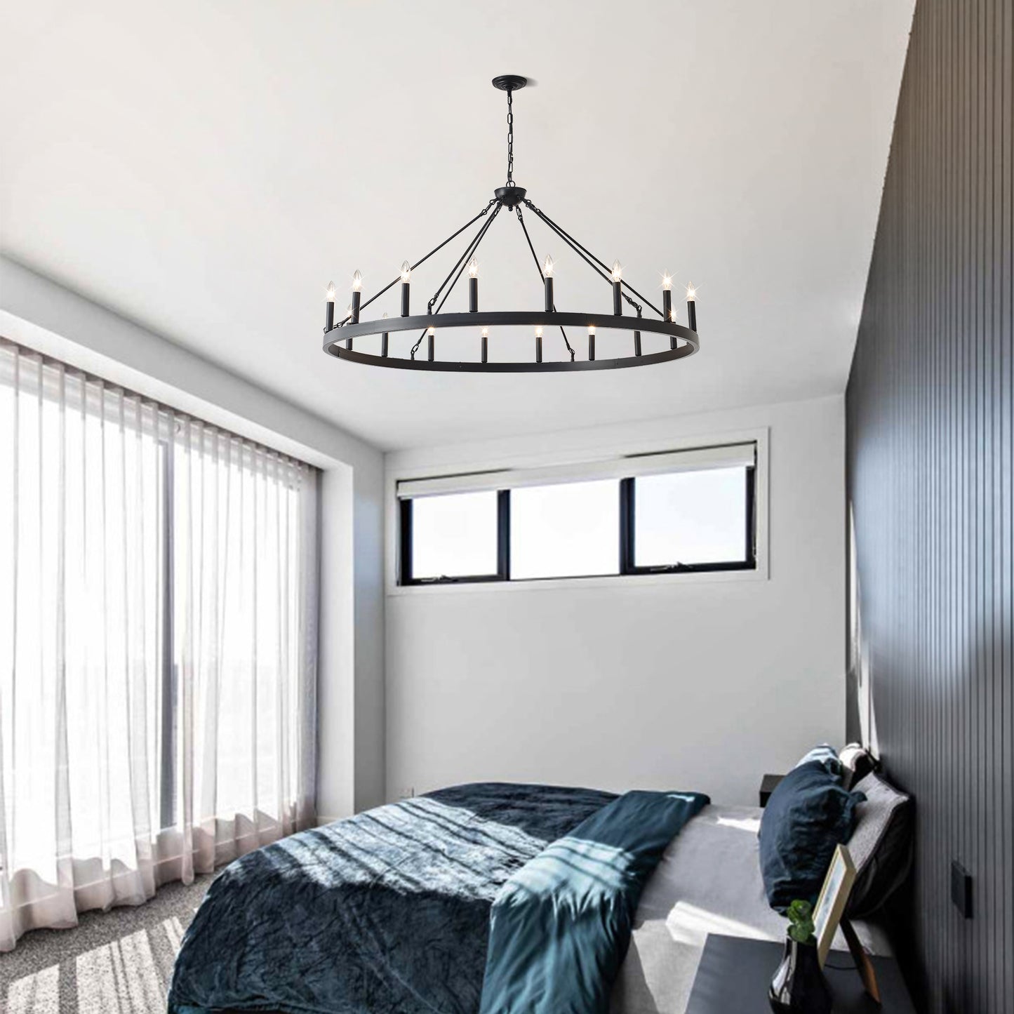 YANSUN 53.15in. Matte Black Wagon Wheel Chandelier 18-Light E12 Farmhouse Industrial Light for High Ceiling Dining Room Living Room (No Bulbs)
