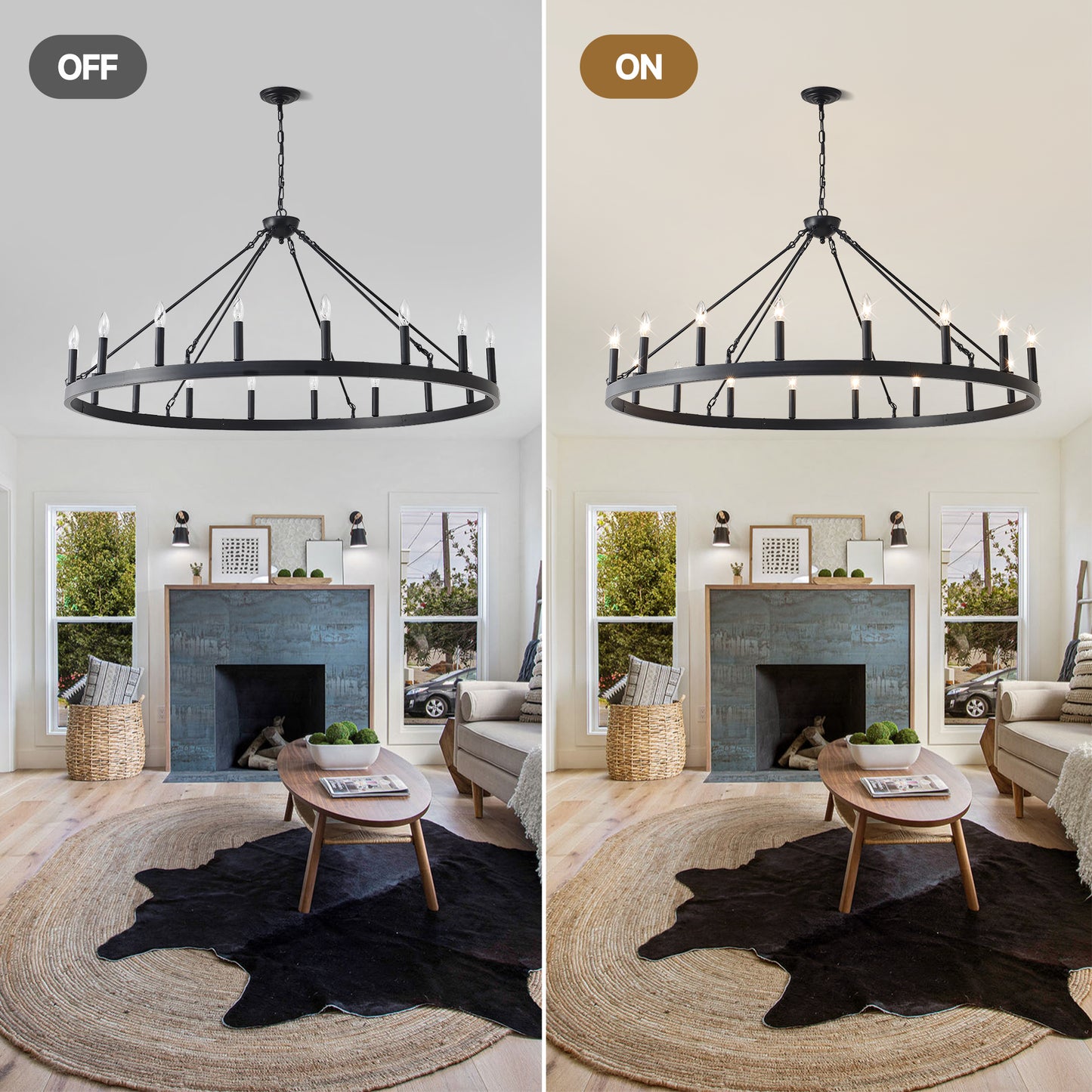 YANSUN 53.15in. Matte Black Wagon Wheel Chandelier 18-Light E12 Farmhouse Industrial Light for High Ceiling Dining Room Living Room (No Bulbs)