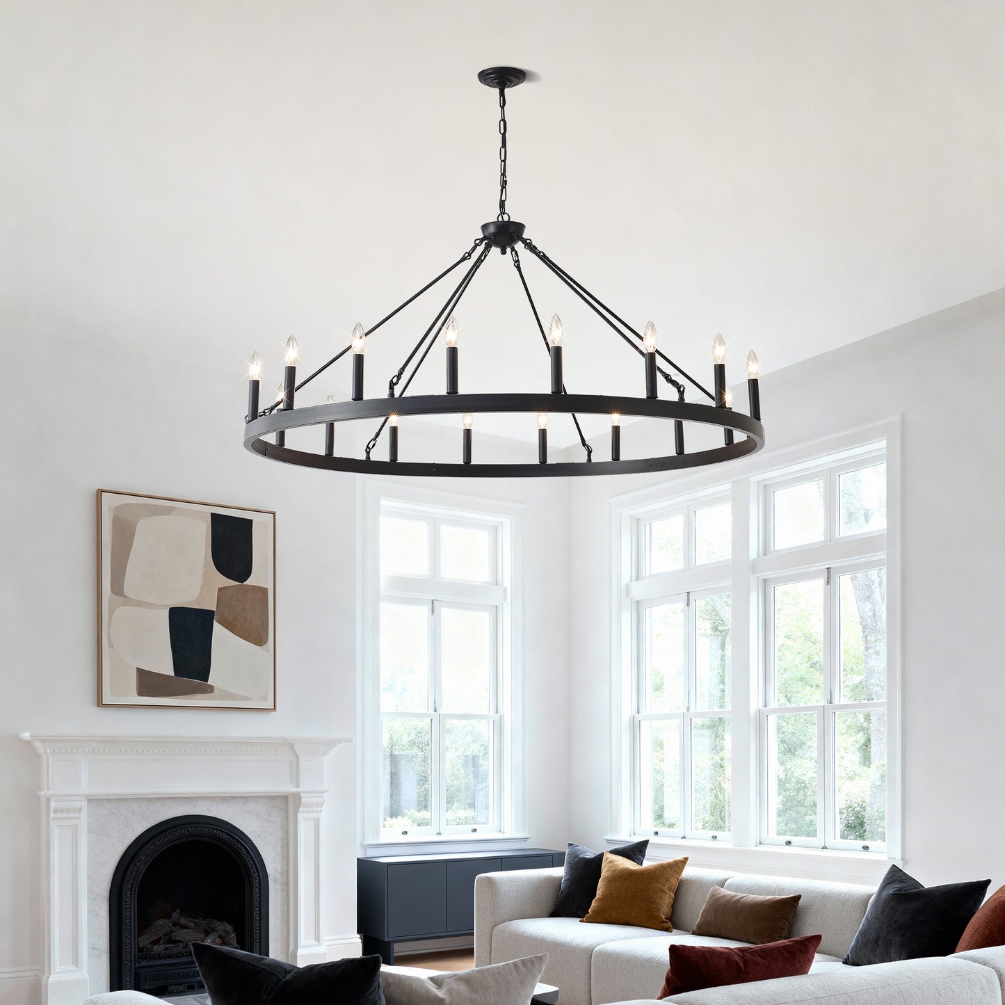 YANSUN 53.15in. Matte Black Wagon Wheel Chandelier 18-Light E12 Farmhouse Industrial Light for High Ceiling Dining Room Living Room (No Bulbs)
