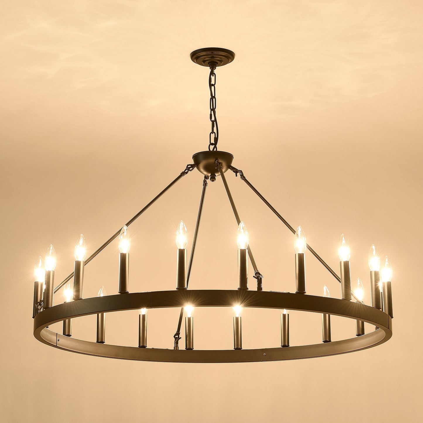 YANSUN 53.15in. Matte Black Wagon Wheel Chandelier 18-Light E12 Farmhouse Industrial Light for High Ceiling Dining Room Living Room (No Bulbs)
