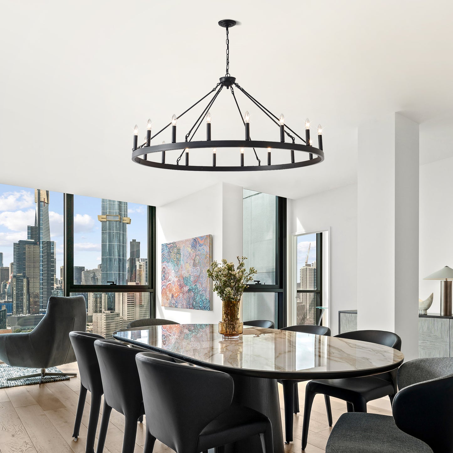 YANSUN 53.15in. Matte Black Wagon Wheel Chandelier 18-Light E12 Farmhouse Industrial Light for High Ceiling Dining Room Living Room (No Bulbs)