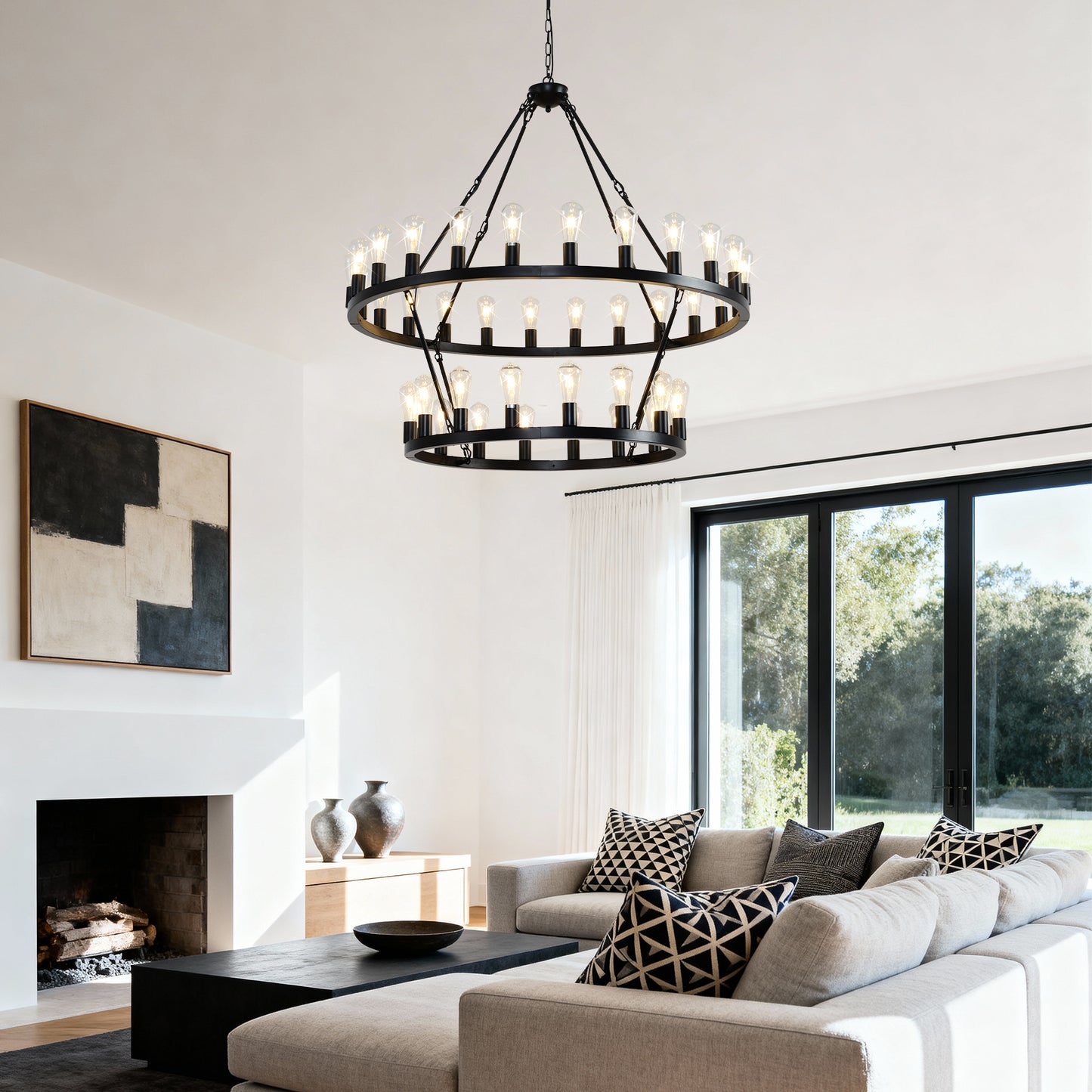 YANSUN 47.24" Large Farmhouse Wagon Wheel Chandelier, 36 Lights, Matte Black Metal, Adjustable Height, E26 Bulbs, Ideal for Living Rooms & Dining Areas