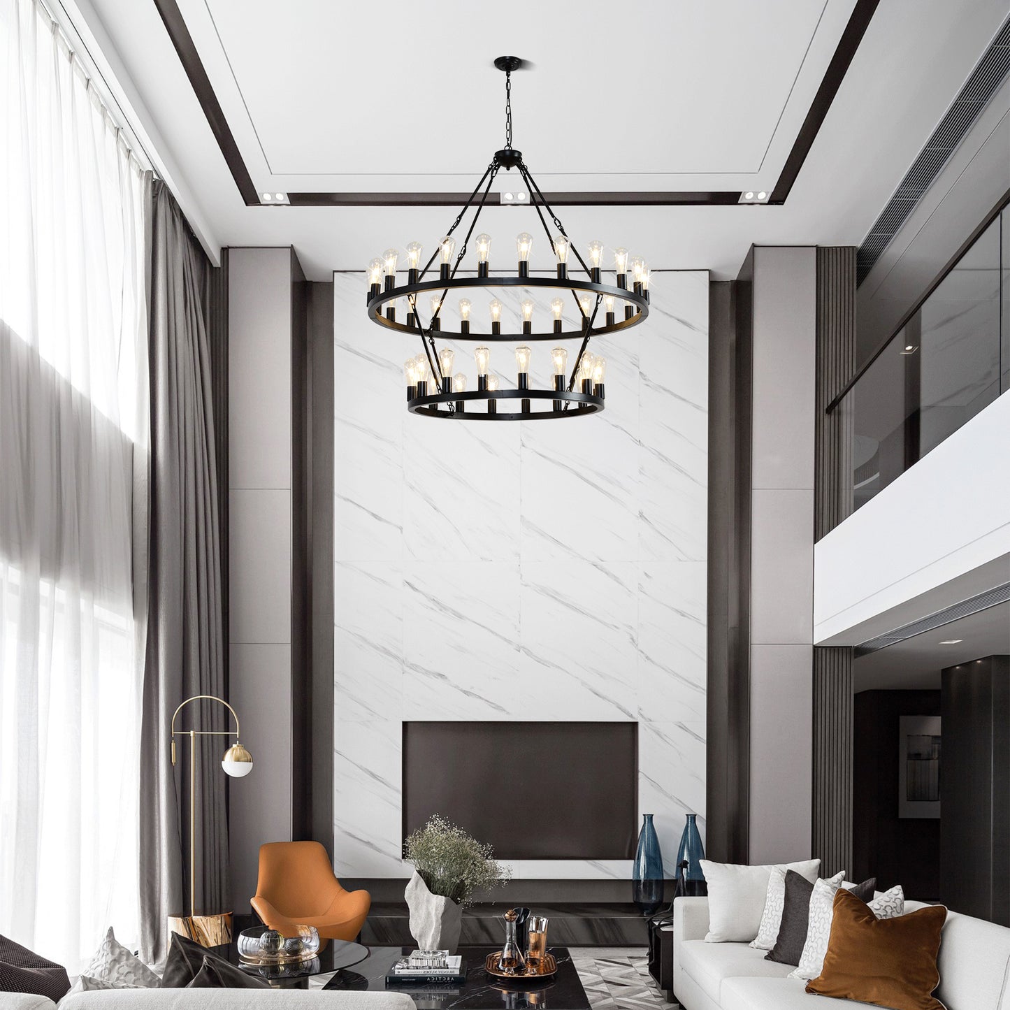 YANSUN 47.24" Large Farmhouse Wagon Wheel Chandelier, 36 Lights, Matte Black Metal, Adjustable Height, E26 Bulbs, Ideal for Living Rooms & Dining Areas