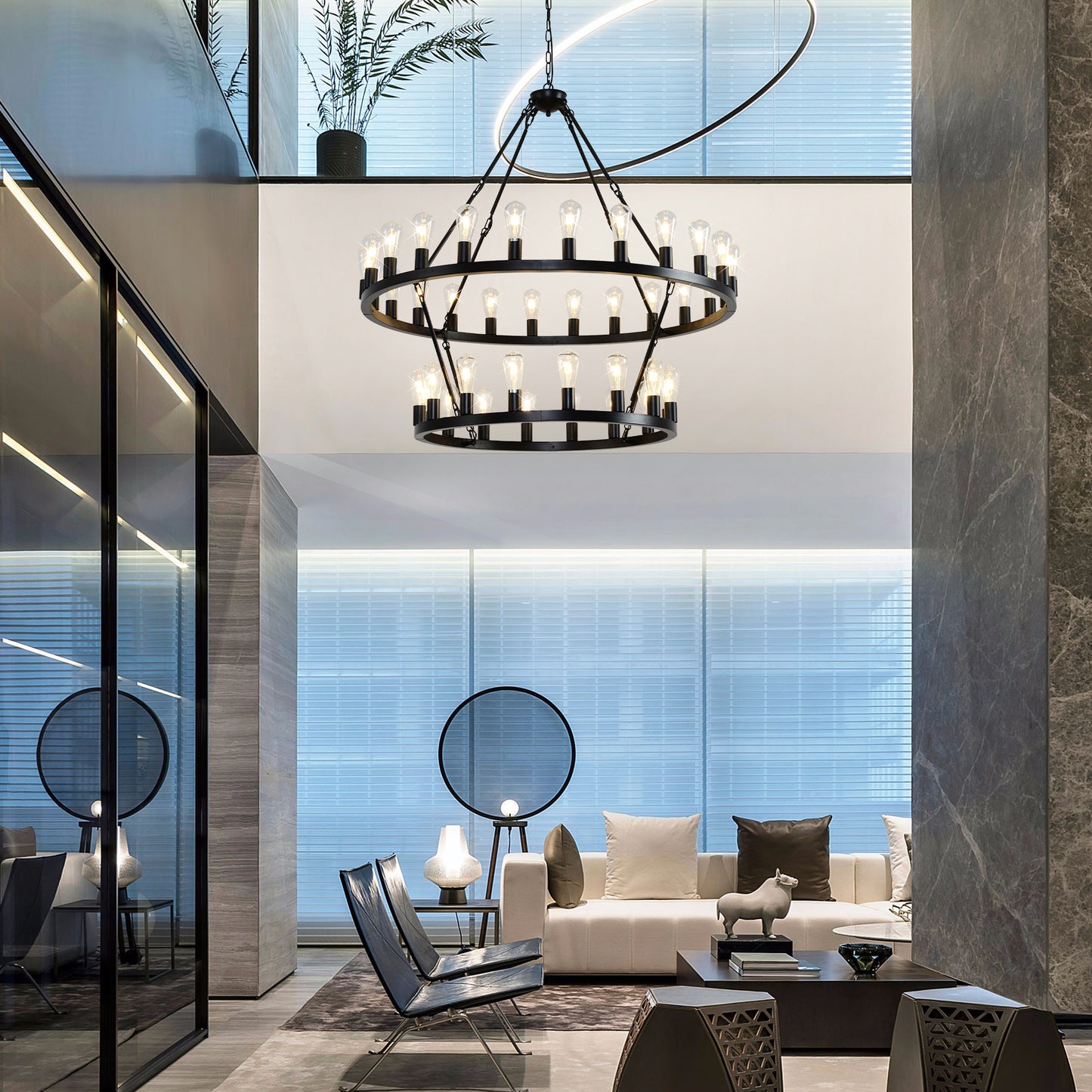 YANSUN 47.24" Large Farmhouse Wagon Wheel Chandelier, 36 Lights, Matte Black Metal, Adjustable Height, E26 Bulbs, Ideal for Living Rooms & Dining Areas
