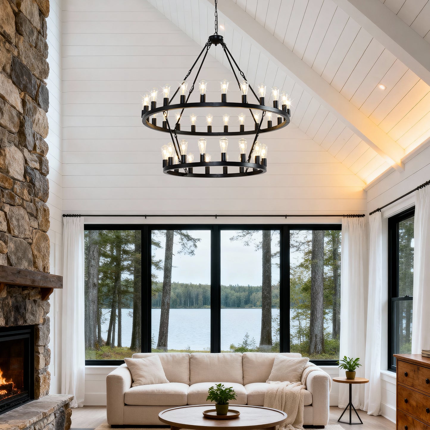 YANSUN 47.24" Large Farmhouse Wagon Wheel Chandelier, 36 Lights, Matte Black Metal, Adjustable Height, E26 Bulbs, Ideal for Living Rooms & Dining Areas