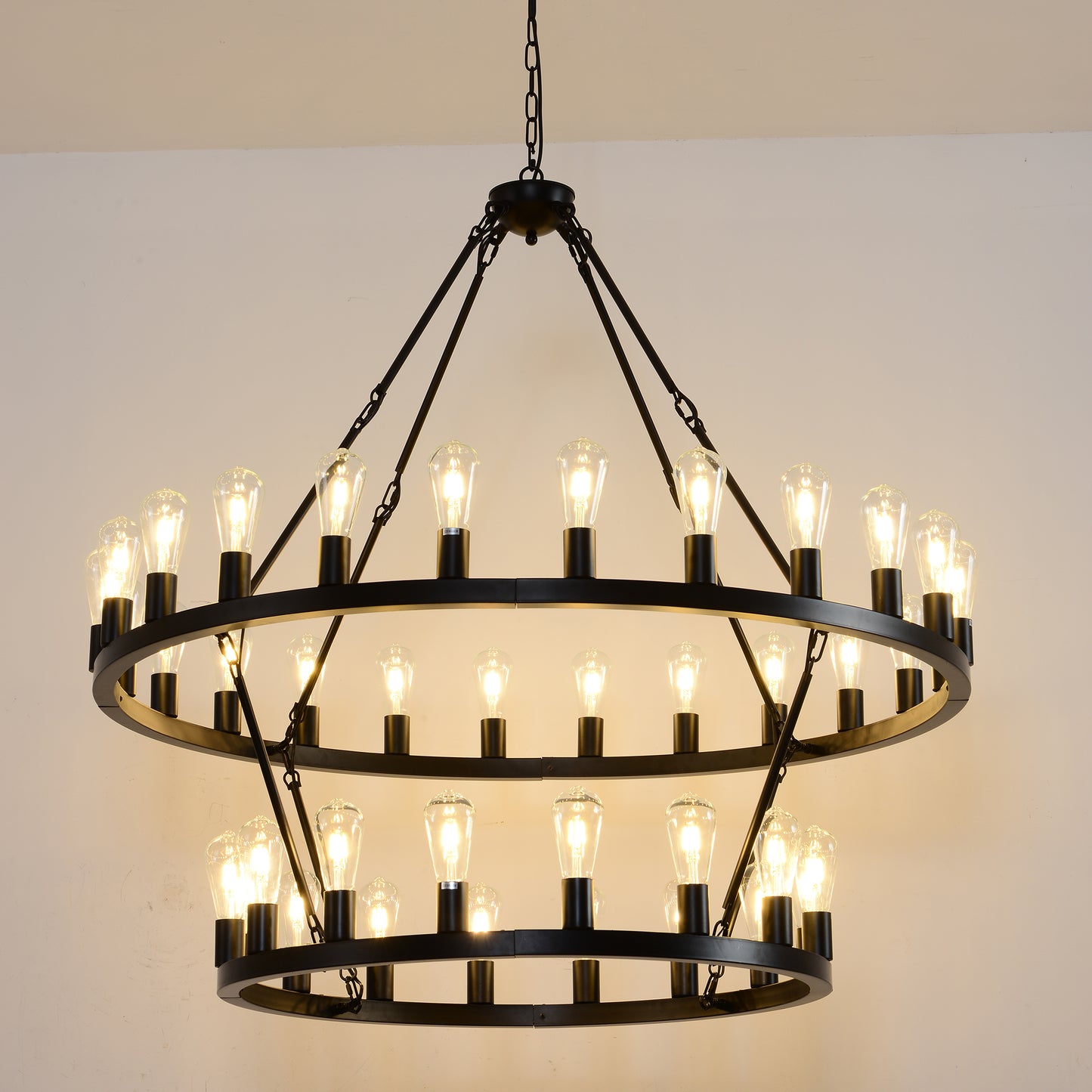 YANSUN 47.24" Large Farmhouse Wagon Wheel Chandelier, 36 Lights, Matte Black Metal, Adjustable Height, E26 Bulbs, Ideal for Living Rooms & Dining Areas