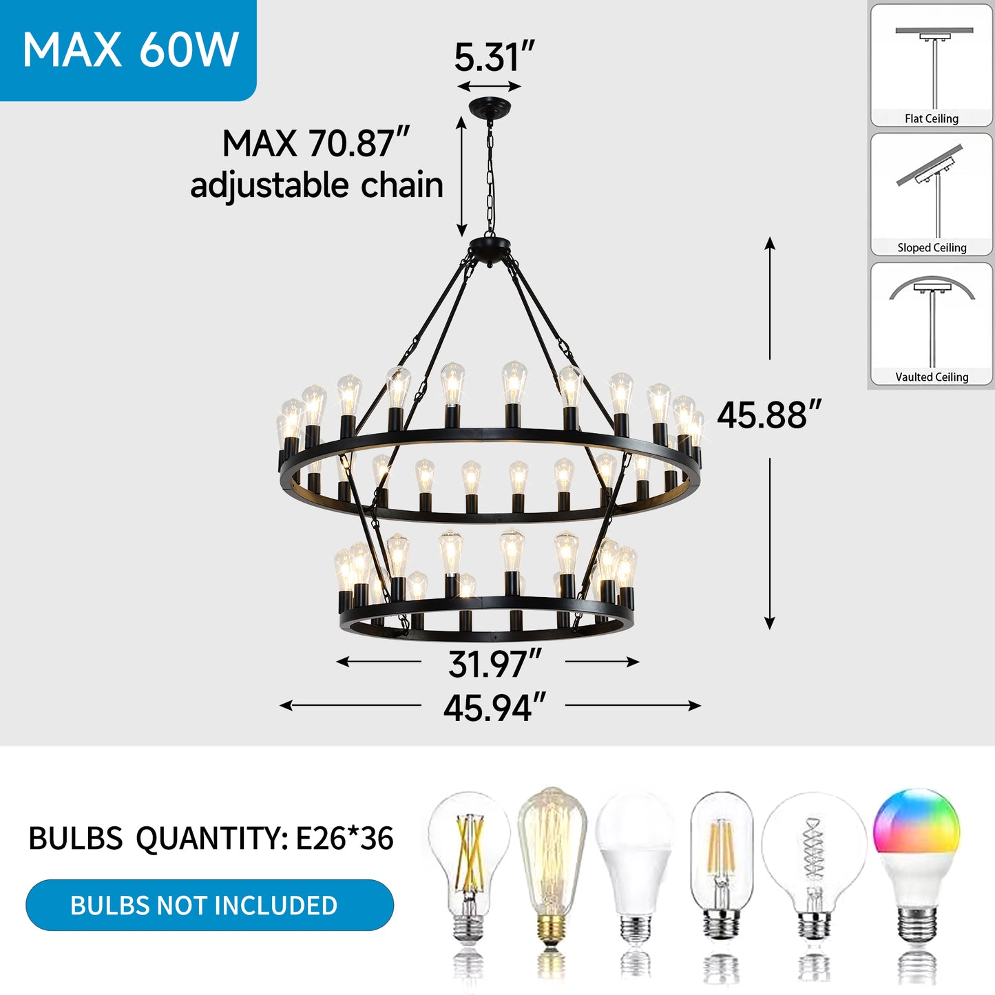 YANSUN 47.24" Large Farmhouse Wagon Wheel Chandelier, 36 Lights, Matte Black Metal, Adjustable Height, E26 Bulbs, Ideal for Living Rooms & Dining Areas