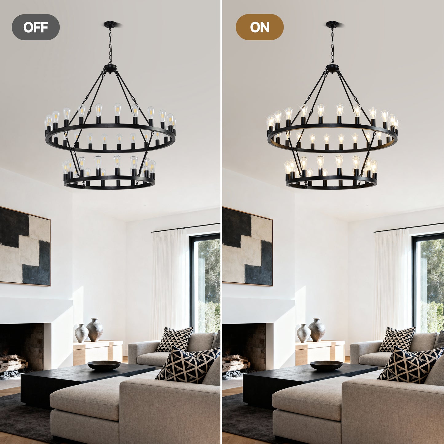 YANSUN 47.24" Large Farmhouse Wagon Wheel Chandelier, 36 Lights, Matte Black Metal, Adjustable Height, E26 Bulbs, Ideal for Living Rooms & Dining Areas