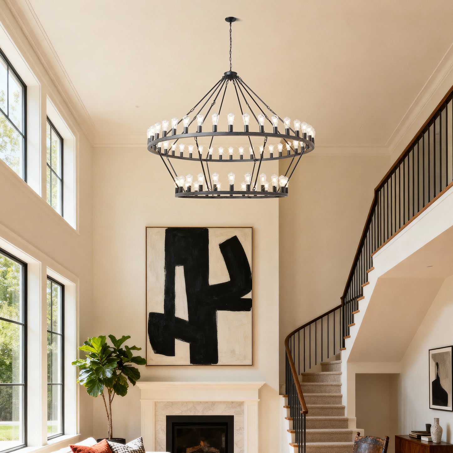 YANSUN 59.06in. Matte Black Wagon Wheel Chandelier 54-Light E12 Extra Large Farmhouse Industrial Light (No Bulbs)
