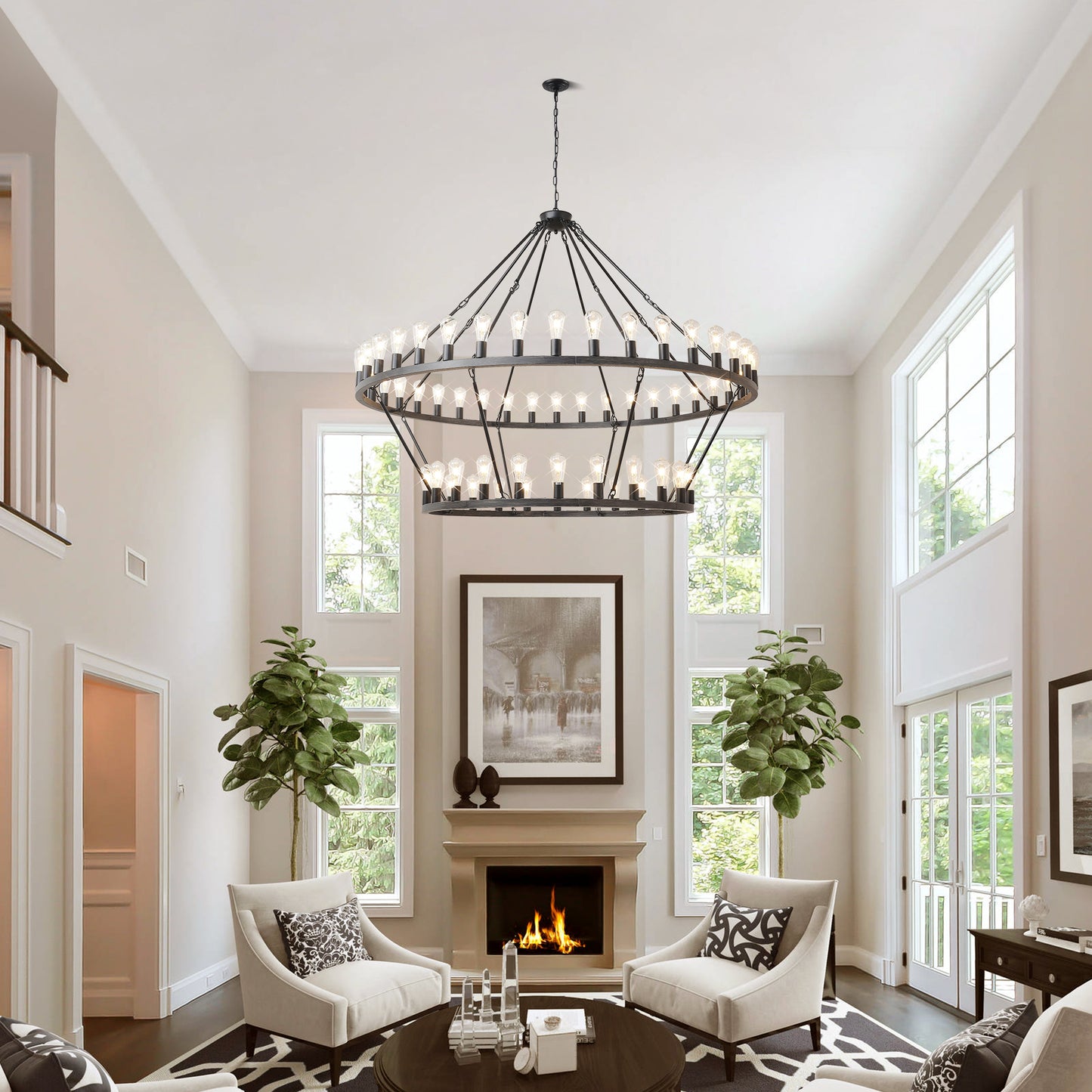 YANSUN 59.06in. Matte Black Wagon Wheel Chandelier 54-Light E12 Extra Large Farmhouse Industrial Light (No Bulbs)