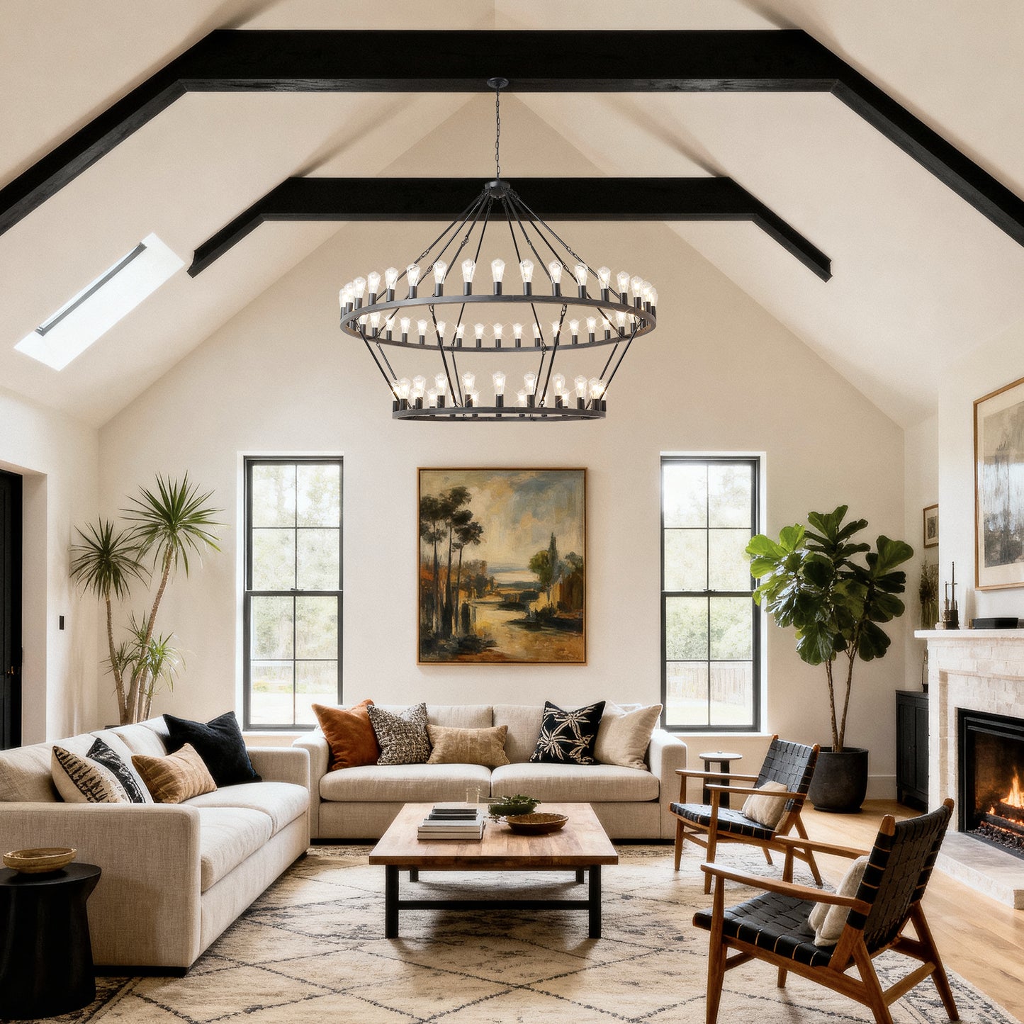 YANSUN 59.06in. Matte Black Wagon Wheel Chandelier 54-Light E12 Extra Large Farmhouse Industrial Light (No Bulbs)