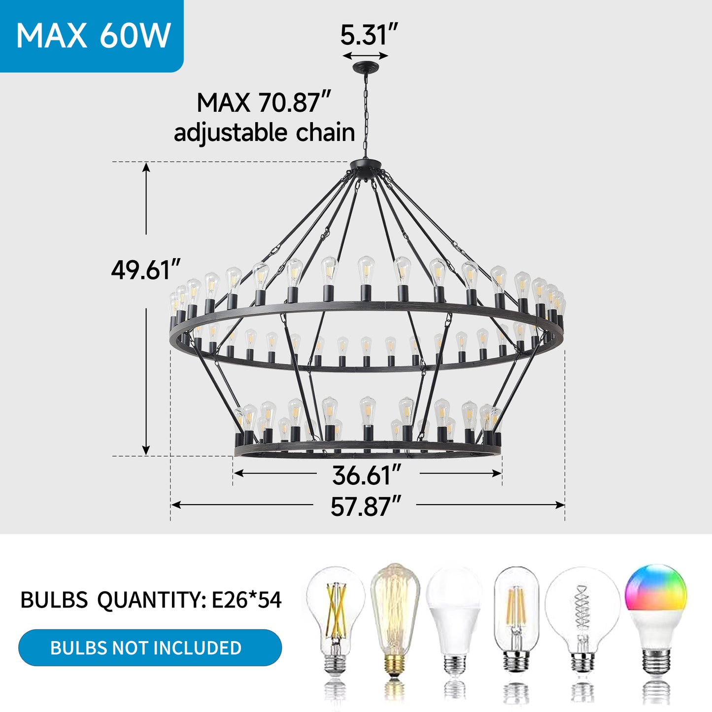 YANSUN 59.06in. Matte Black Wagon Wheel Chandelier 54-Light E12 Extra Large Farmhouse Industrial Light (No Bulbs)
