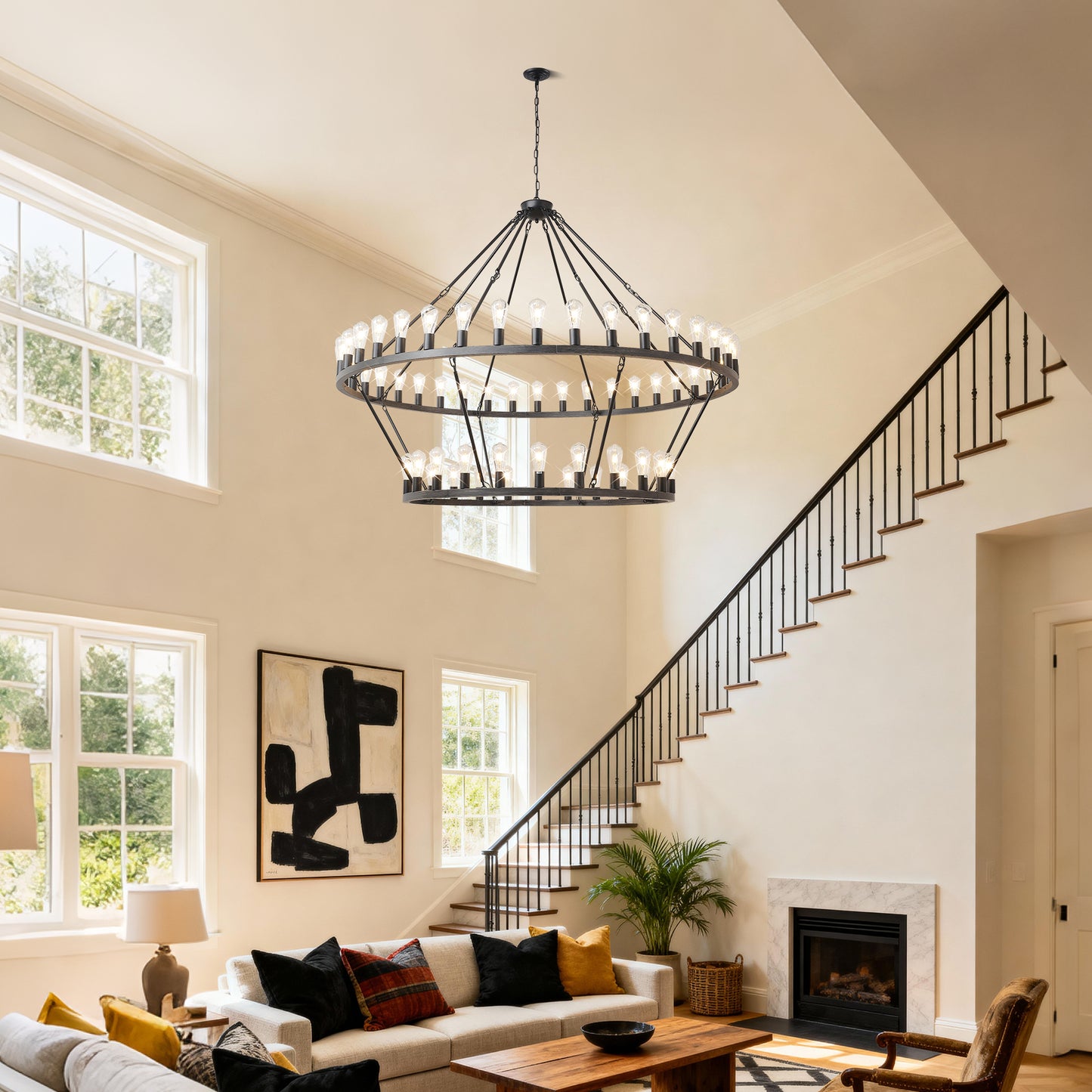YANSUN 59.06in. Matte Black Wagon Wheel Chandelier 54-Light E12 Extra Large Farmhouse Industrial Light (No Bulbs)