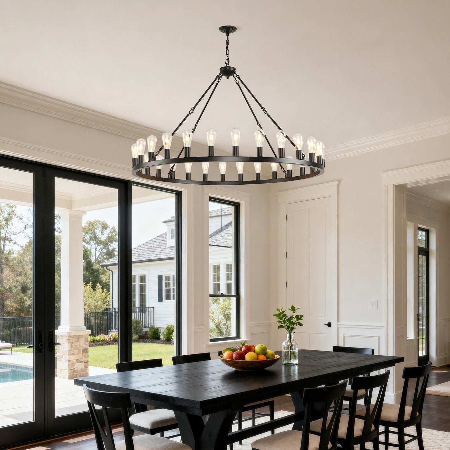 YANSUN 53" Farmhouse Wagon Wheel Chandelier, 28-Light Matte Black Ceiling Light, Adjustable Height, E26 Bulbs, Dining Room Fixture