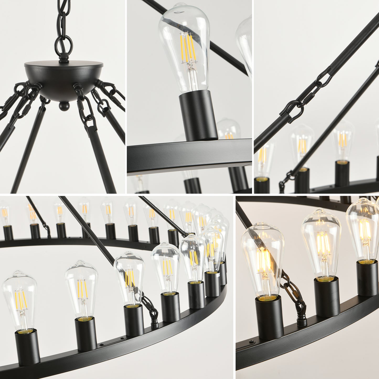 YANSUN 53" Farmhouse Wagon Wheel Chandelier, 28-Light Matte Black Ceiling Light, Adjustable Height, E26 Bulbs, Dining Room Fixture