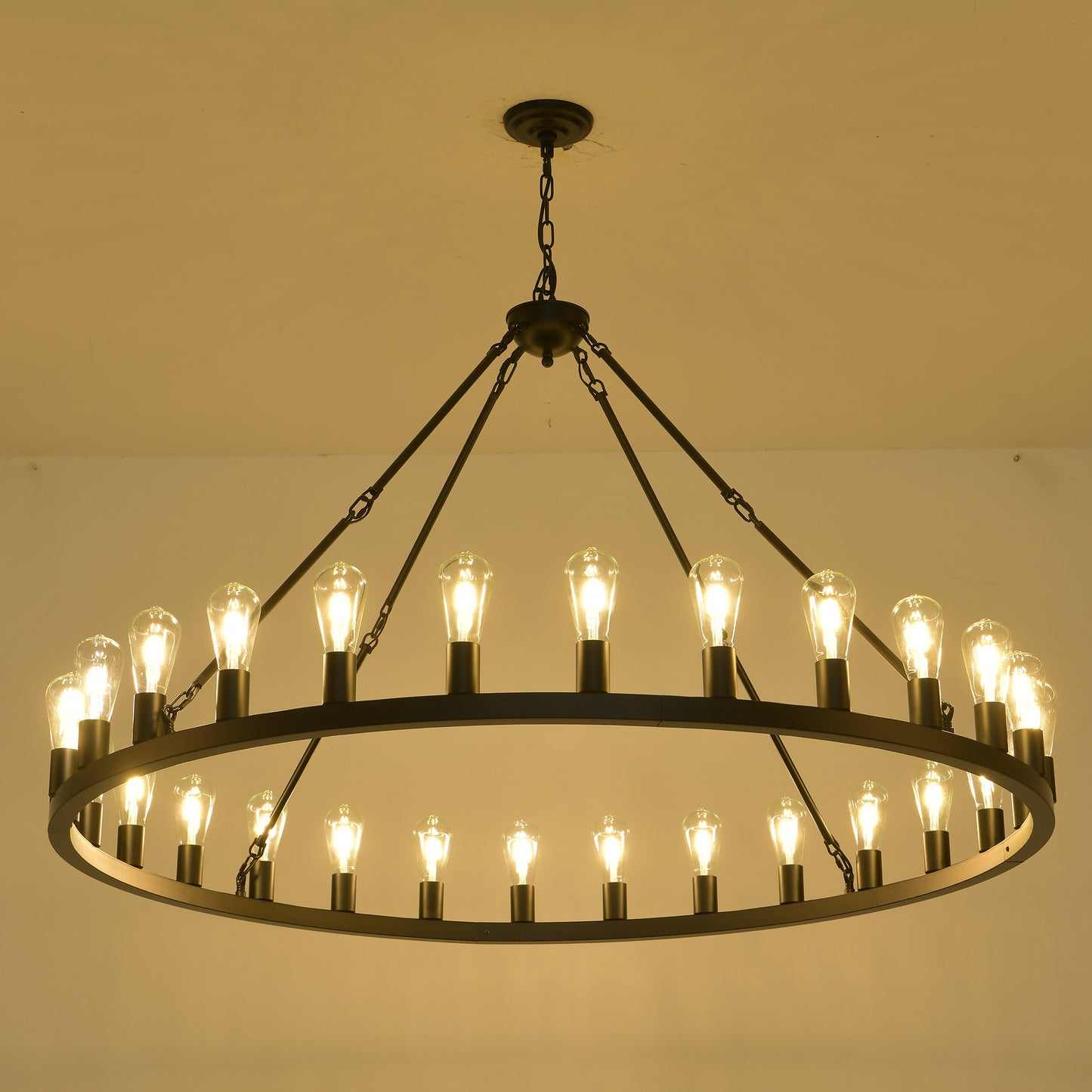 YANSUN 53" Farmhouse Wagon Wheel Chandelier, 28-Light Matte Black Ceiling Light, Adjustable Height, E26 Bulbs, Dining Room Fixture