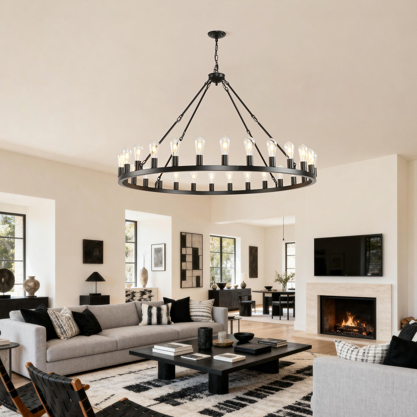 YANSUN 53" Farmhouse Wagon Wheel Chandelier, 28-Light Matte Black Ceiling Light, Adjustable Height, E26 Bulbs, Dining Room Fixture