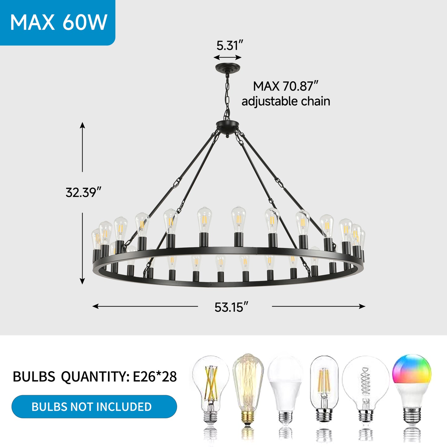 YANSUN 53" Farmhouse Wagon Wheel Chandelier, 28-Light Matte Black Ceiling Light, Adjustable Height, E26 Bulbs, Dining Room Fixture