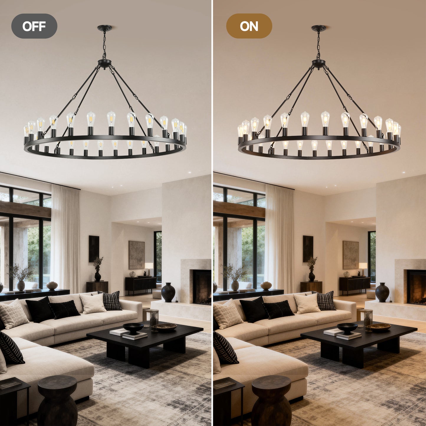 YANSUN 53" Farmhouse Wagon Wheel Chandelier, 28-Light Matte Black Ceiling Light, Adjustable Height, E26 Bulbs, Dining Room Fixture