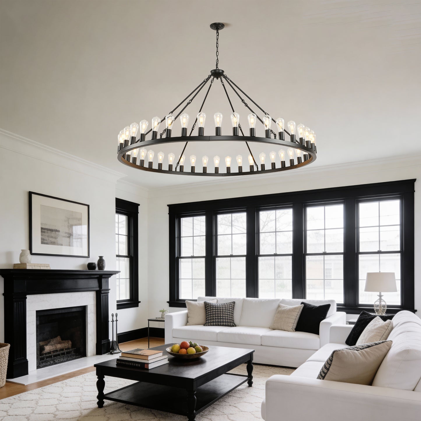 YANSUN 64in. Black Extra Large Wagon Wheel Chandelier 42-Light E26 Farmhouse Industrial Pendant for High Ceiling Dining Room Living Room