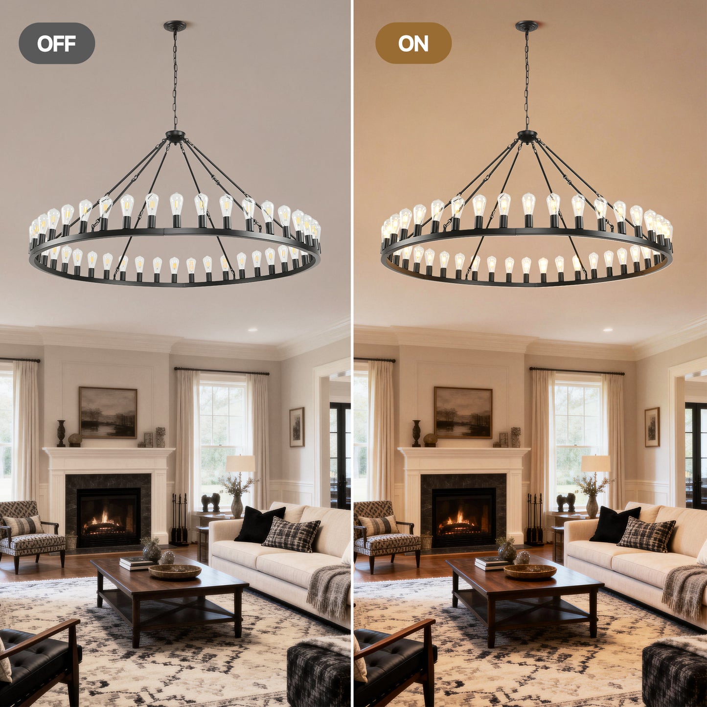 YANSUN 64in. Black Extra Large Wagon Wheel Chandelier 42-Light E26 Farmhouse Industrial Pendant for High Ceiling Dining Room Living Room