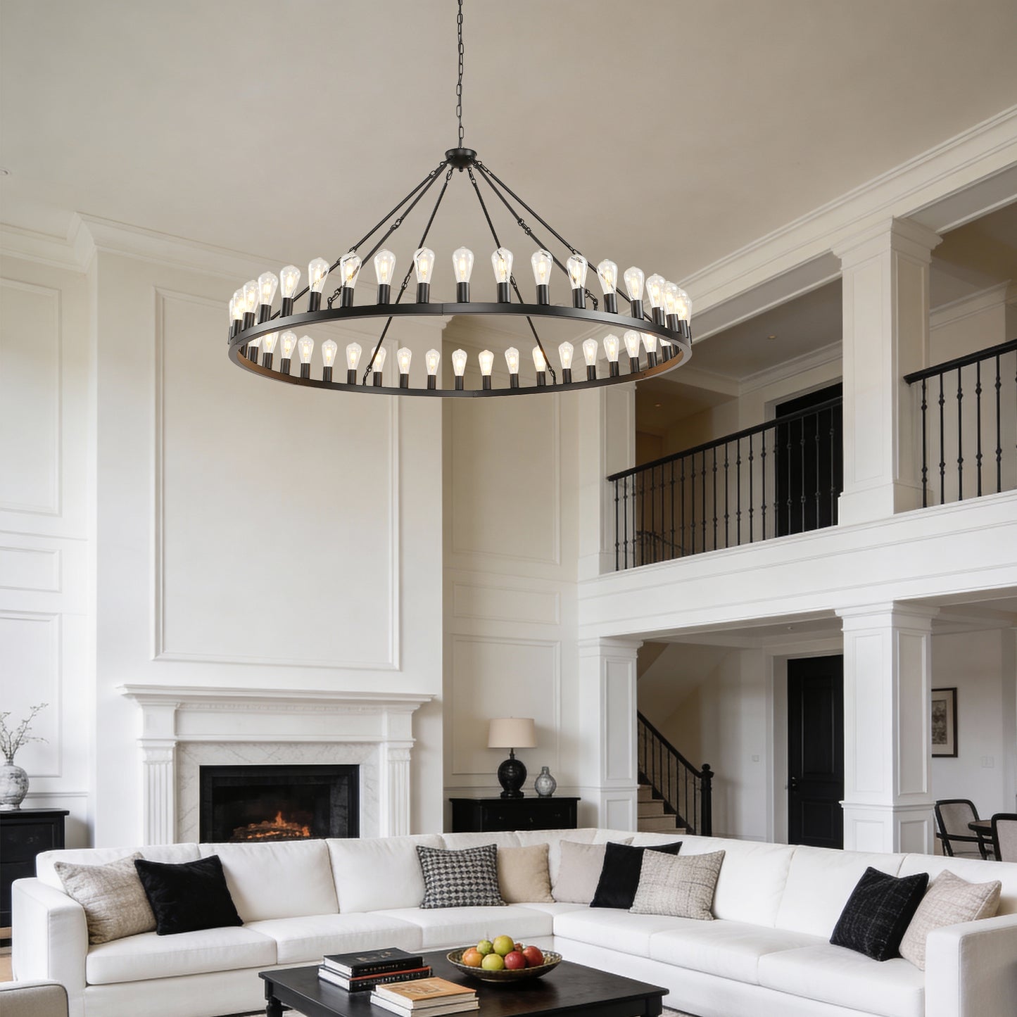YANSUN 64in. Black Extra Large Wagon Wheel Chandelier 42-Light E26 Farmhouse Industrial Pendant for High Ceiling Dining Room Living Room