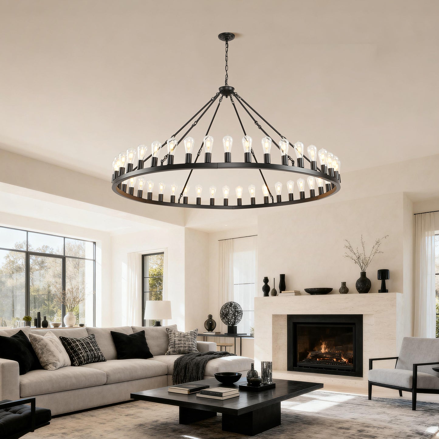 YANSUN 64in. Black Extra Large Wagon Wheel Chandelier 42-Light E26 Farmhouse Industrial Pendant for High Ceiling Dining Room Living Room