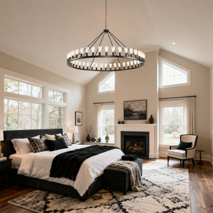 YANSUN 64in. Black Extra Large Wagon Wheel Chandelier 42-Light E26 Farmhouse Industrial Pendant for High Ceiling Dining Room Living Room