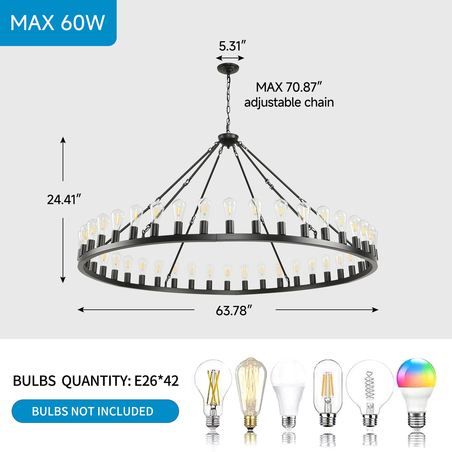 YANSUN 64in. Black Extra Large Wagon Wheel Chandelier 42-Light E26 Farmhouse Industrial Pendant for High Ceiling Dining Room Living Room