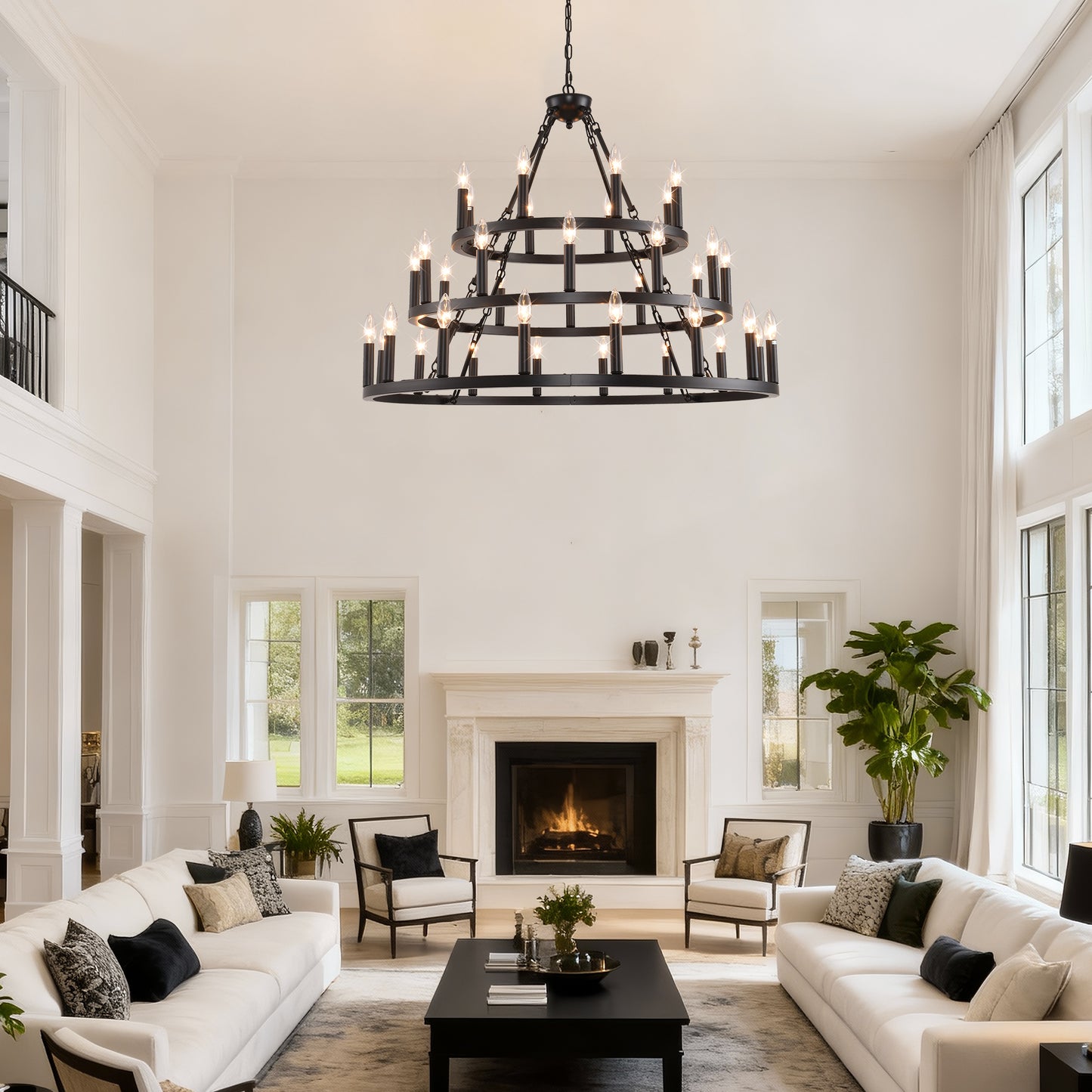 YANSUN 39.37in. 3-Tier Wagon Wheel Chandelier 36-Light E12 Farmhouse Industrial Light Adjustable Height for High Ceiling Living Dining Room Foyer