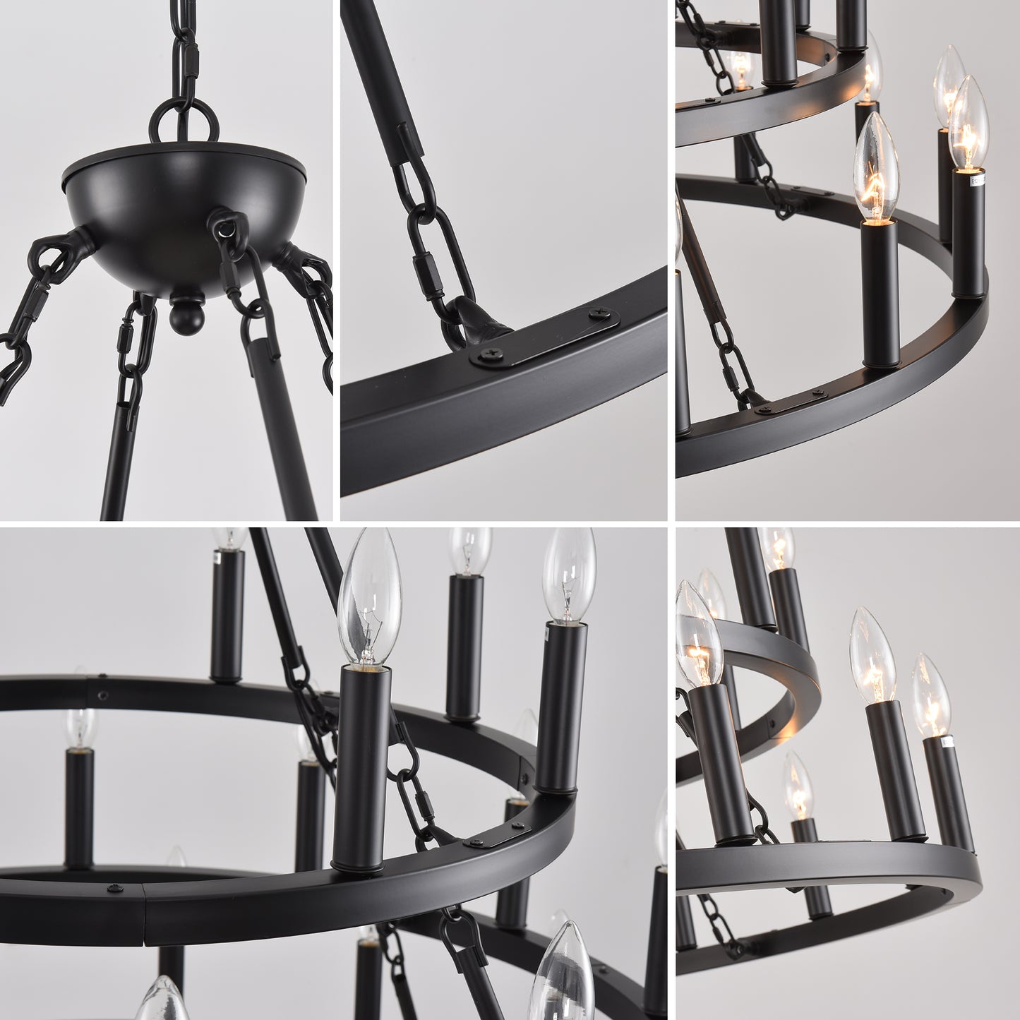 YANSUN 39.37in. 3-Tier Wagon Wheel Chandelier 36-Light E12 Farmhouse Industrial Light Adjustable Height for High Ceiling Living Dining Room Foyer