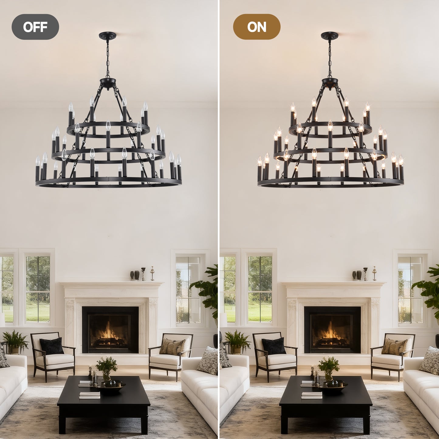 YANSUN 39.37in. 3-Tier Wagon Wheel Chandelier 36-Light E12 Farmhouse Industrial Light Adjustable Height for High Ceiling Living Dining Room Foyer